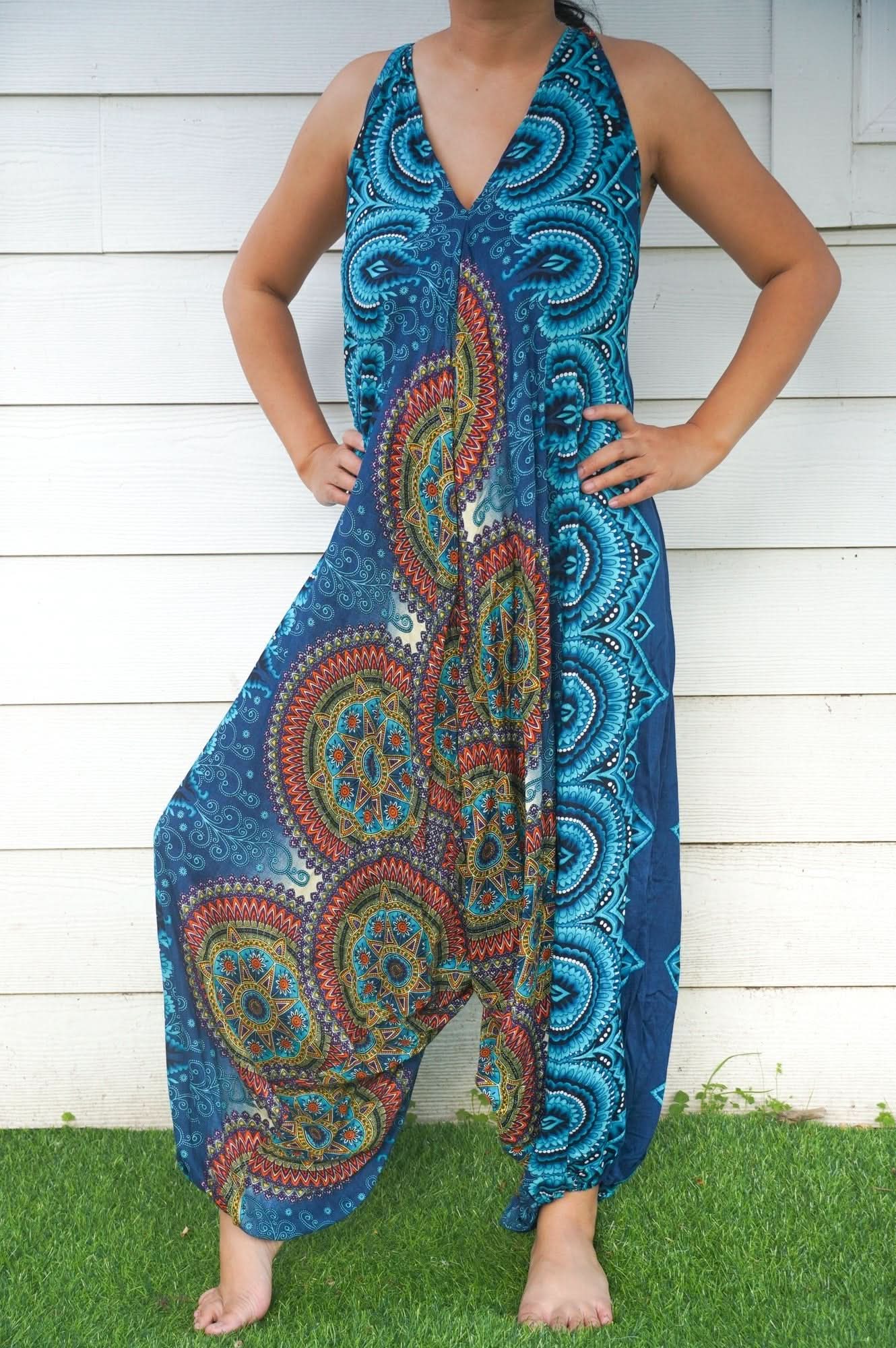 Teal Mandala Boho Hippie Jumpsuit Rompers - Wear and Wander