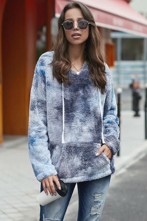 V - neck Tie - dye Plush Pullover Hoodie - Wear and Wander