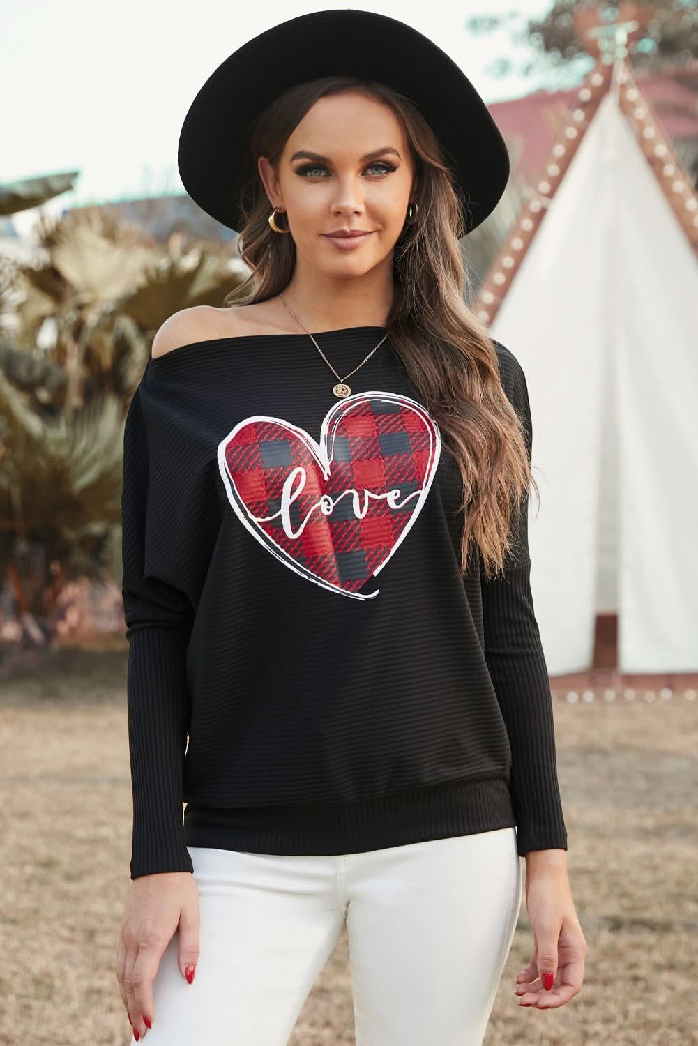 Valentine Love Heart Plaid Printed Splicing Bat Sleeve Top - Wear and Wander