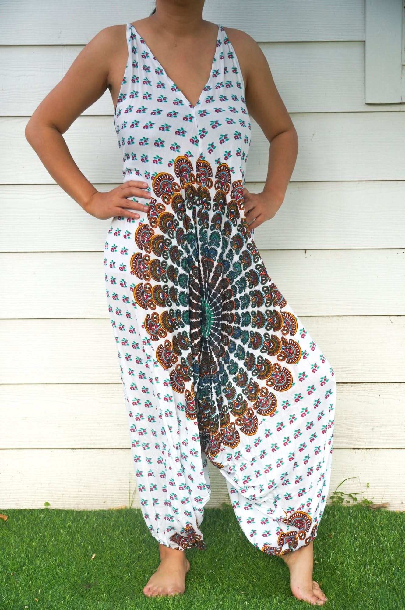 White Chakra Hippie Jumpsuits, Boho Rompers, Festival Clothing - Wear and Wander