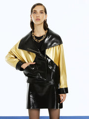 Wide Collar Patent Faux Leather Jacket - Wear and Wander