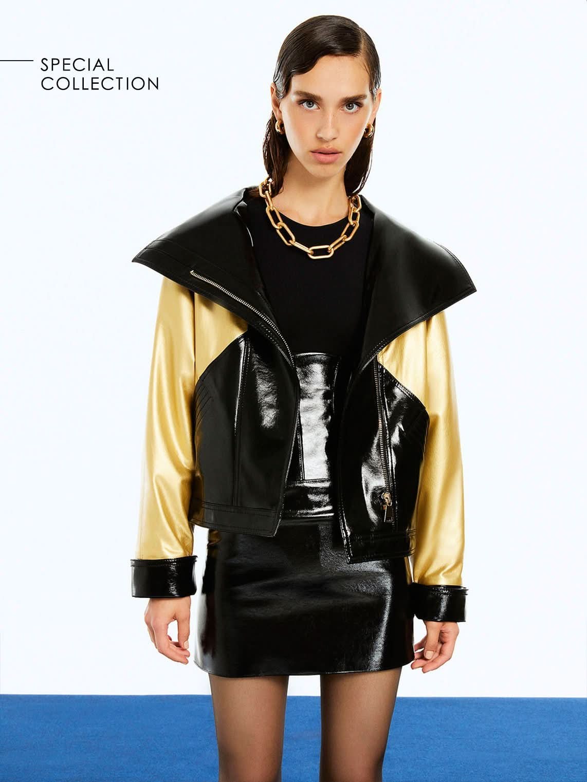 Wide Collar Patent Faux Leather Jacket - Wear and Wander