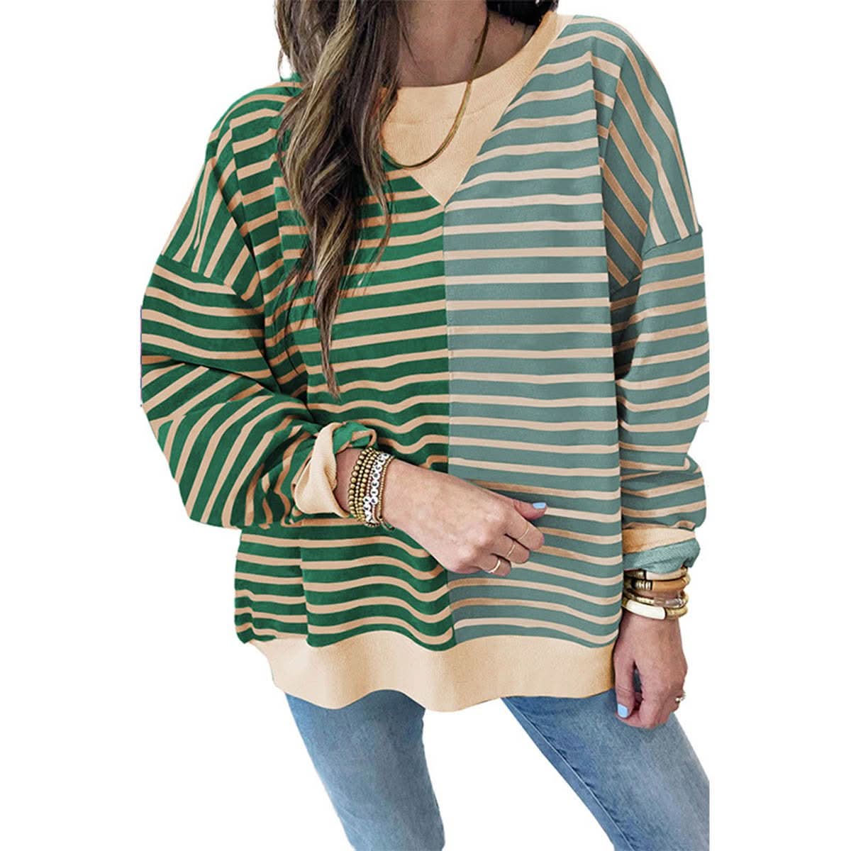 Women Stripe Color Block Drop Shoulder Pullover Sweatshirt - Wear and Wander