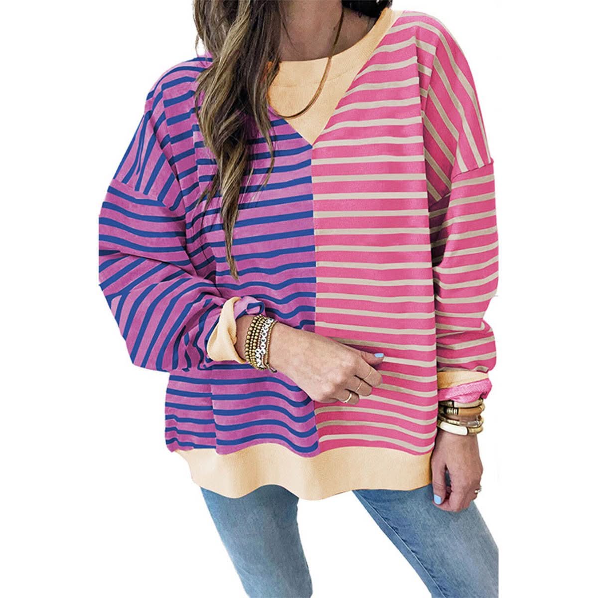 Women Stripe Color Block Drop Shoulder Pullover Sweatshirt - Wear and Wander