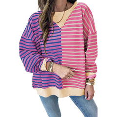 Women Stripe Color Block Drop Shoulder Pullover Sweatshirt - Wear and Wander