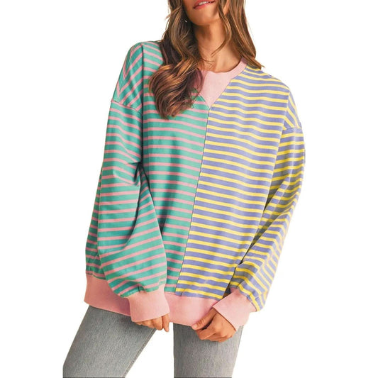 Women Stripe Color Block Drop Shoulder Pullover Sweatshirt - Wear and Wander