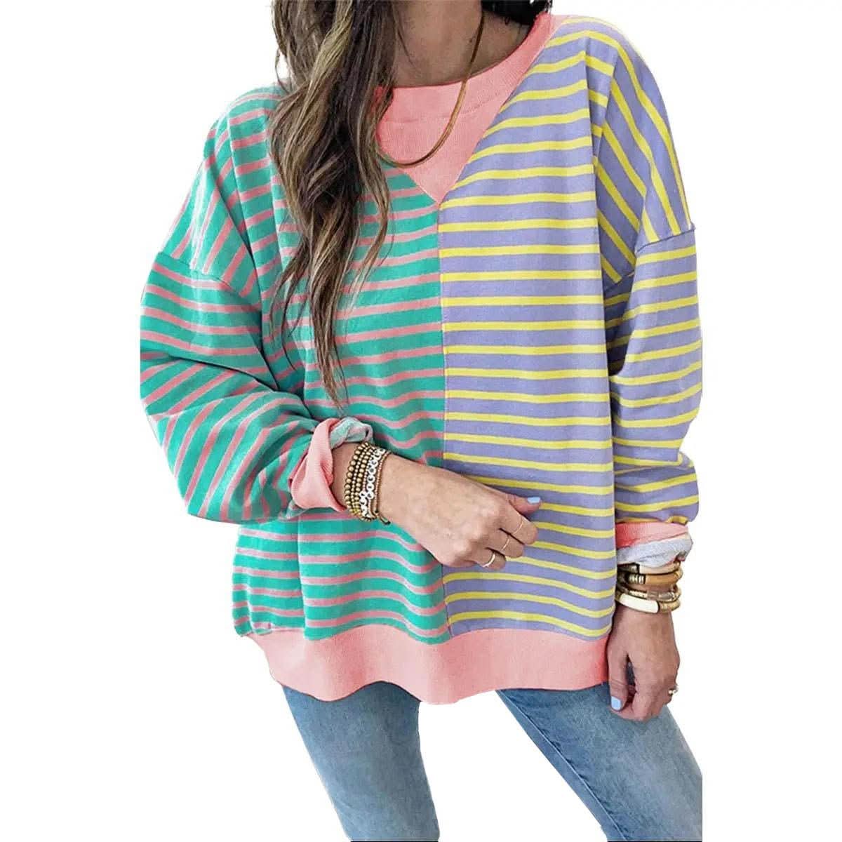 Women Stripe Color Block Drop Shoulder Pullover Sweatshirt - Wear and Wander
