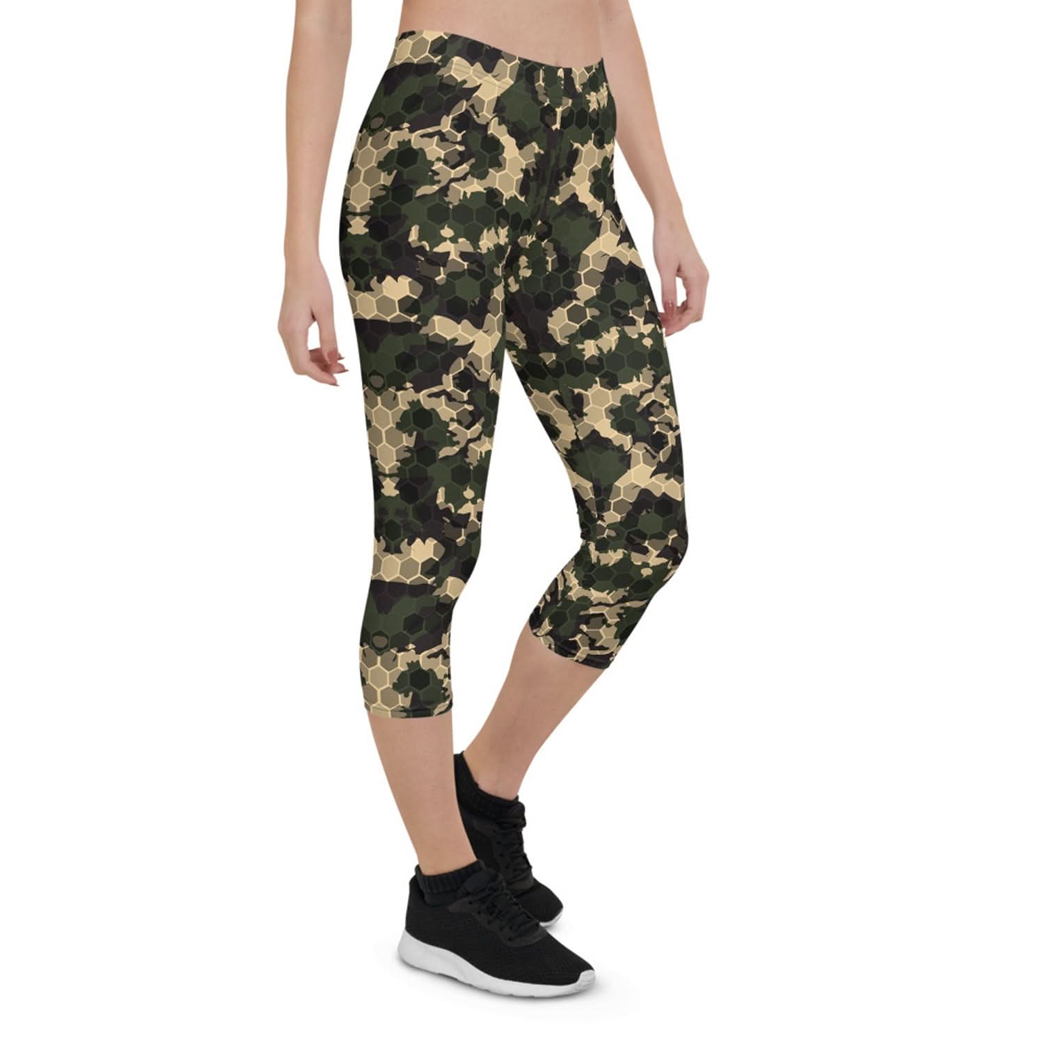 Womens Army Camo Capri Leggings with Honeycombs - Wear and Wander
