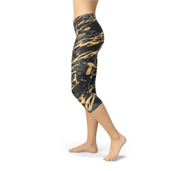 Womens Black Marble w/ Gold Splash Capri Leggings - Wear n Wander