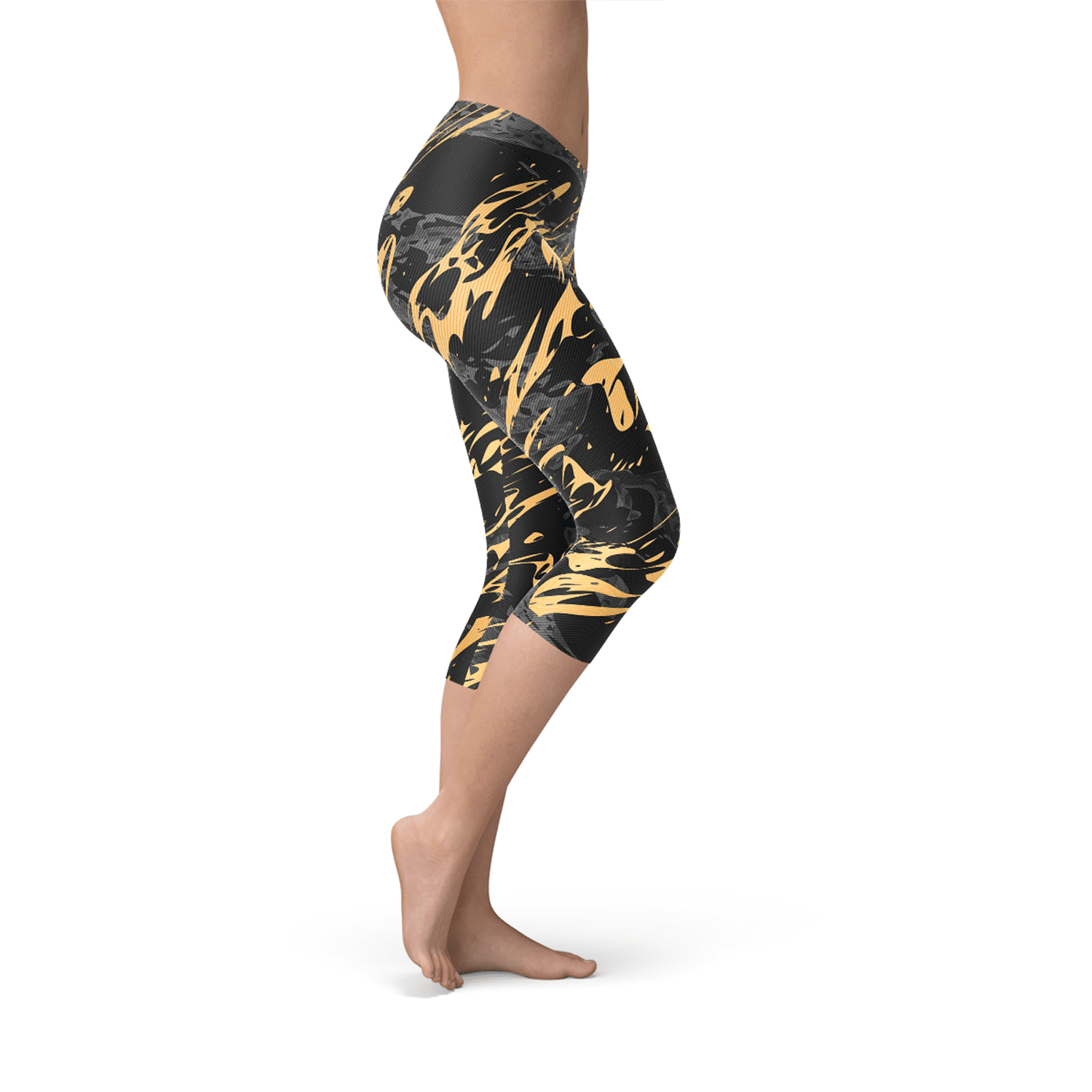 Womens Black Marble w/ Gold Splash Capri Leggings - Wear n Wander
