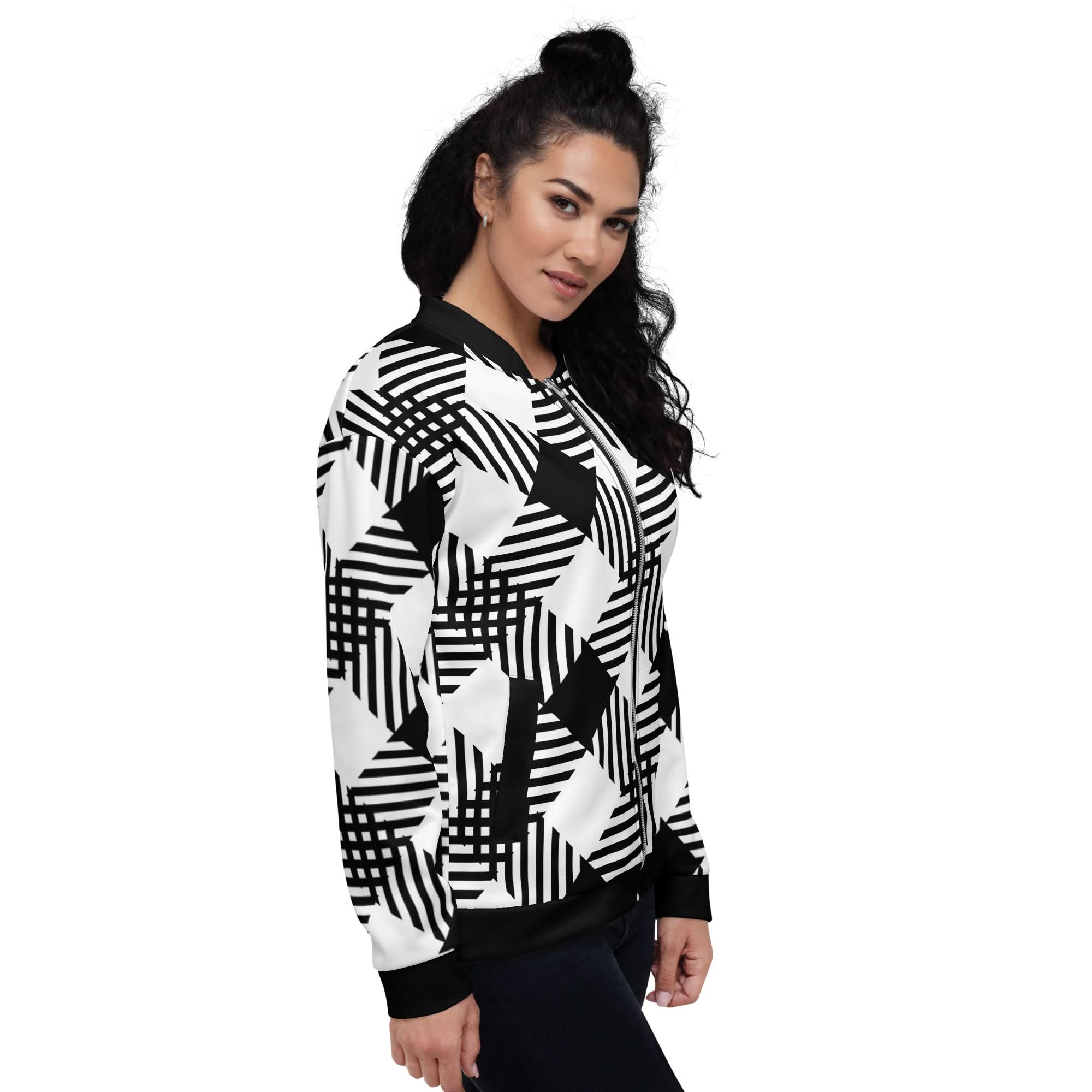 Womens Bomber Jacket, Black and White Plaid Print - Wear and Wander