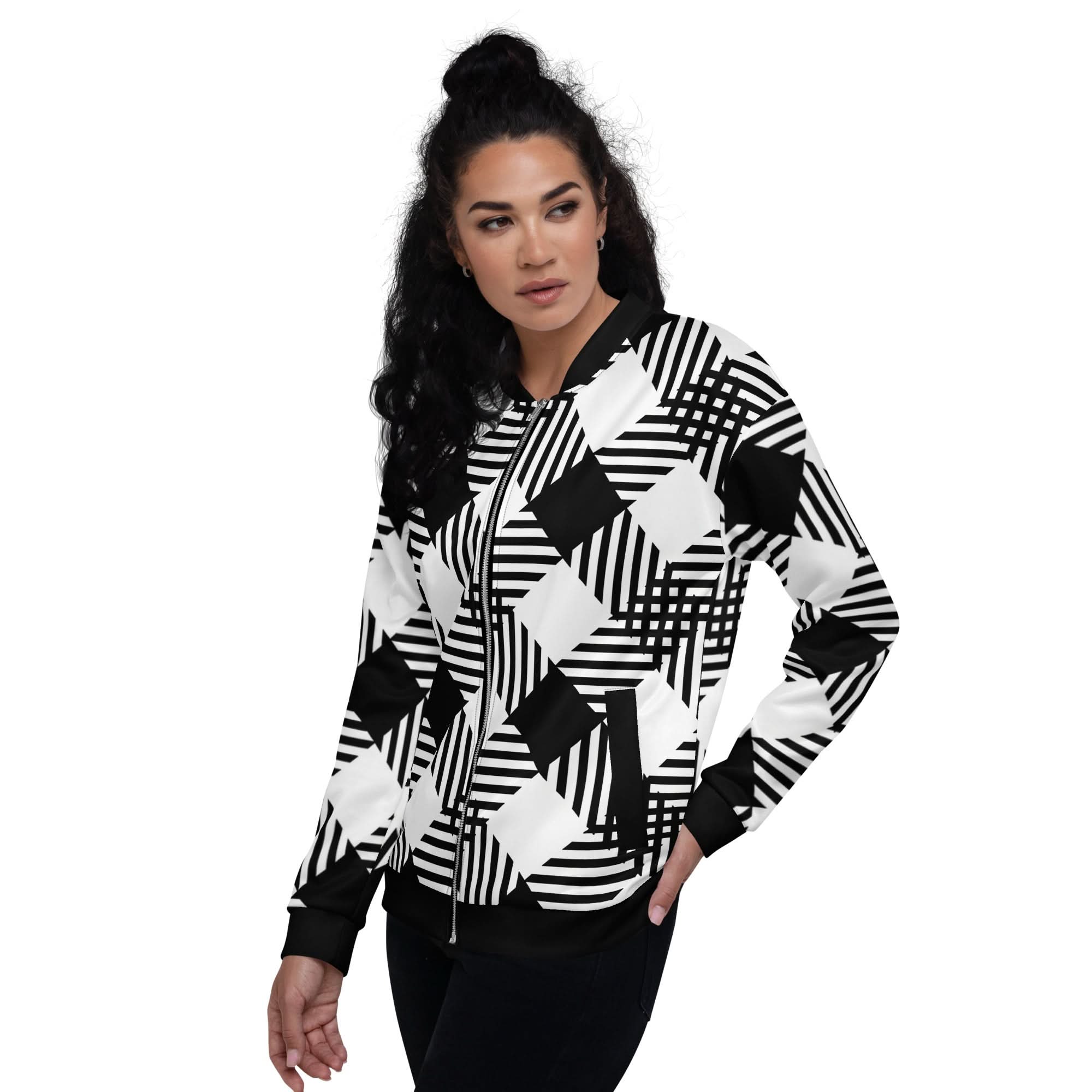 Womens Bomber Jacket, Black and White Plaid Print - Wear and Wander