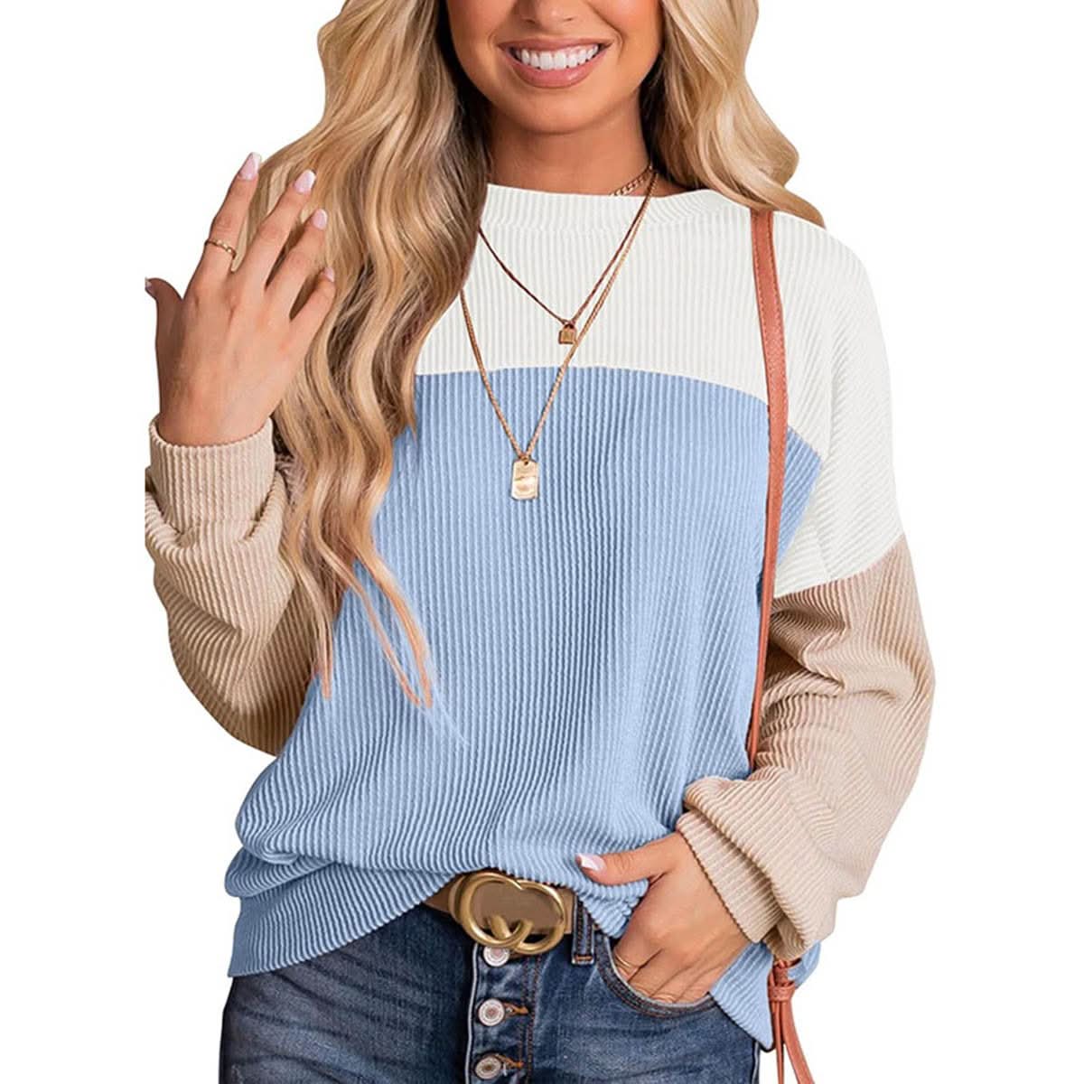 Womens Color Block Long Sleeve Crewneck Knitted Casual Pullover Tops - Wear and Wander