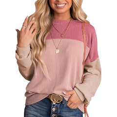 Womens Color Block Long Sleeve Crewneck Knitted Casual Pullover Tops - Wear and Wander
