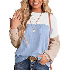 Womens Color Block Long Sleeve Crewneck Knitted Casual Pullover Tops - Wear and Wander