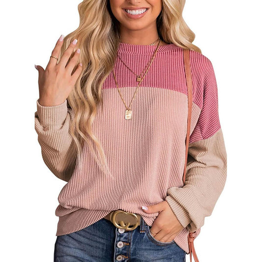 Womens Color Block Long Sleeve Crewneck Knitted Casual Pullover Tops - Wear and Wander
