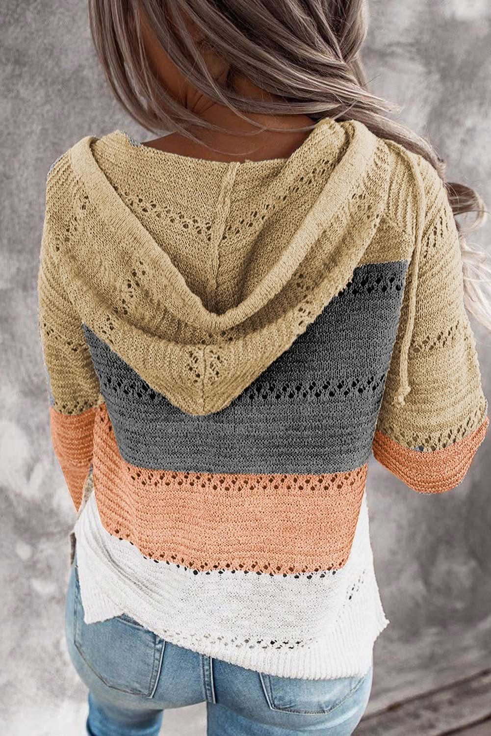 Womens Multicolor Zipped Front Colorblock Hollow - out Knit Hoodie - Wear and Wander