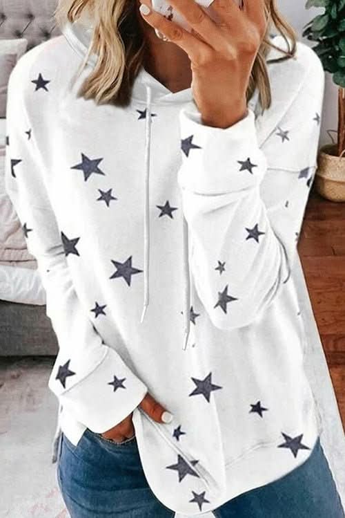 Women's Side Slits White Star Print Hoodie - Wear and Wander