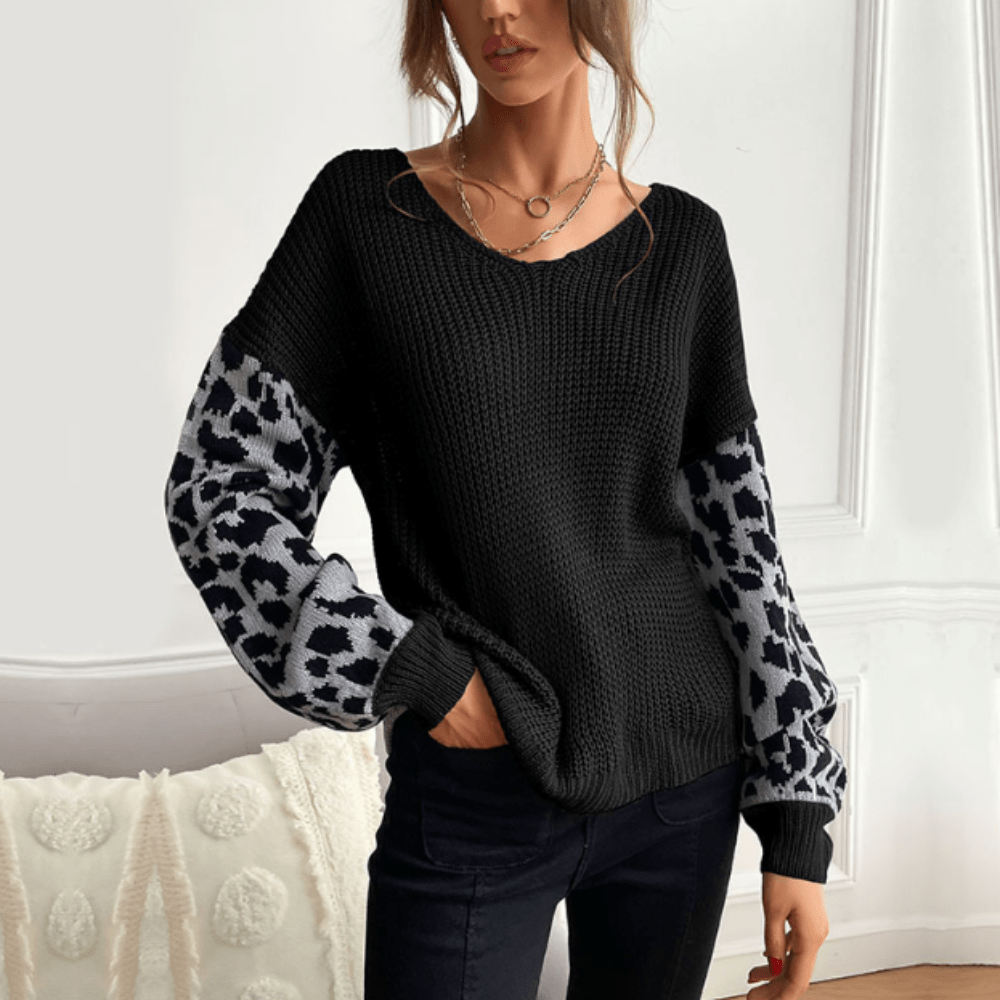 Womens V Neck Sweater With Leopard Print Sleeves - Wear and Wander