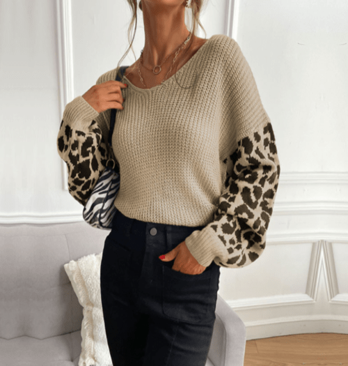 Womens V Neck Sweater With Leopard Print Sleeves - Wear and Wander
