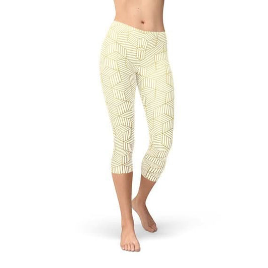 Womens White Capri Leggings w/ Geometric Cubes - Wear and Wander