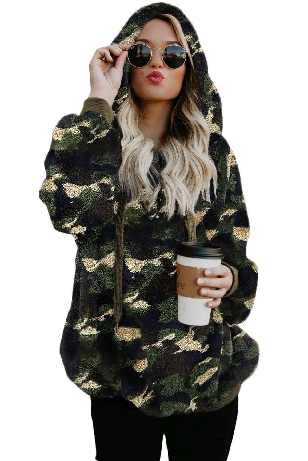 Women's Winter Green Camo Print Warm Furry Pullover Hoodie - Wear and Wander