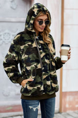 Women's Winter Green Camo Print Warm Furry Pullover Hoodie - Wear and Wander
