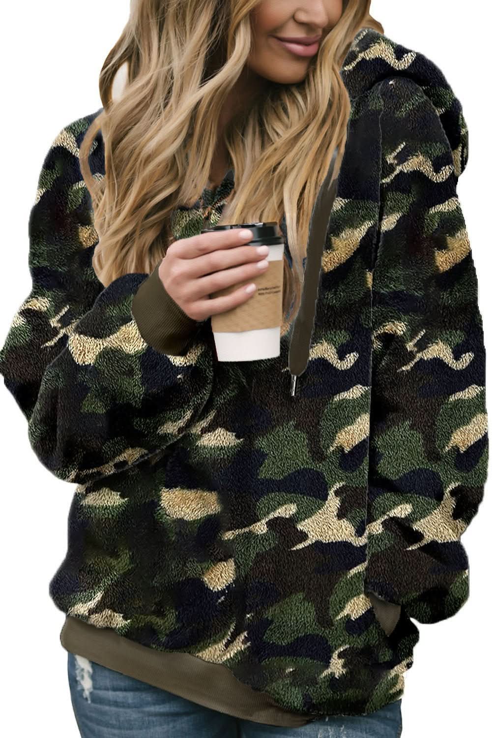 Women's Winter Green Camo Print Warm Furry Pullover Hoodie - Wear and Wander