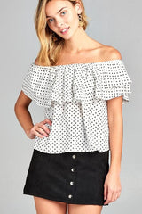 Women's Double Ruffle Off Shoulder Polka Dot Top