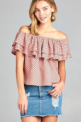 Women's Double Ruffle Off Shoulder Polka Dot Top