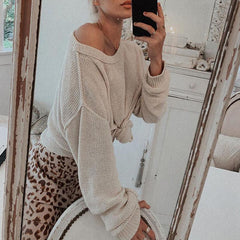 Knitted solid casual o neck sweater jumper Women autumn