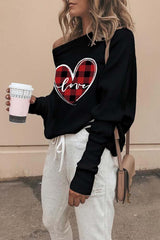 Valentine Love Heart Plaid Printed Splicing Bat Sleeve Top