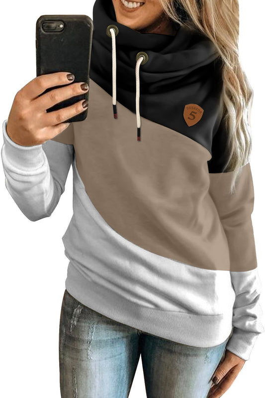 Multicolor Colorblock Cowl Neck Pullover Hoodie