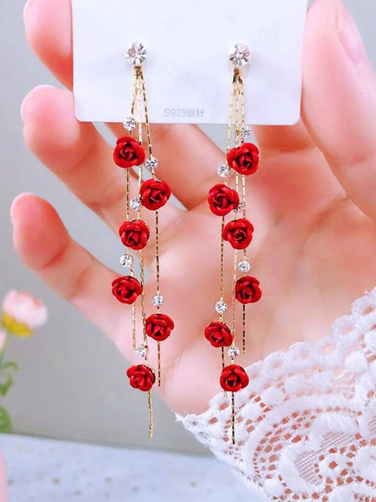 2pcs retro style long style diamond inlaid rose earrings for women's daily dating accessories - Wear and Wander