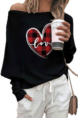 Valentine Love Heart Plaid Printed Splicing Bat Sleeve Top