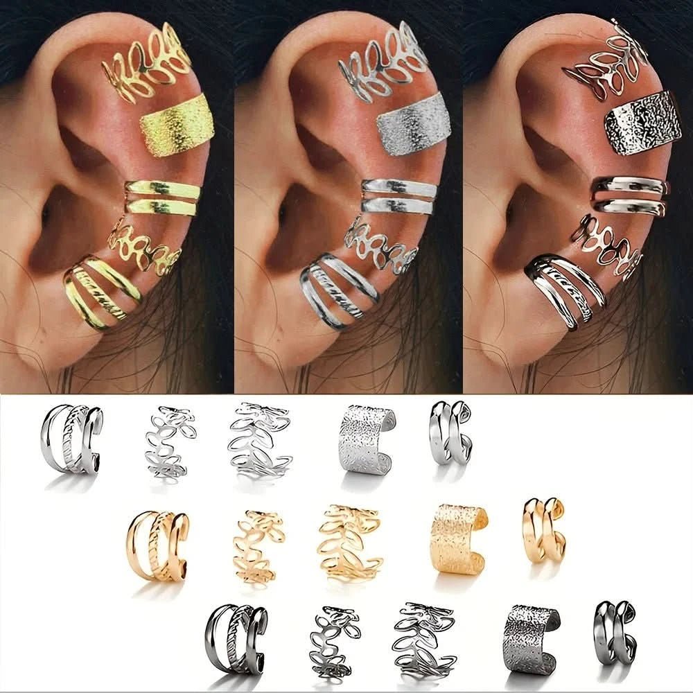 5 - 15pcs Simple Vintage Metal Clip Earrings Set for Women Teens Casual Hollow Leaf Fake Piercing Earring Jewelry Accessories Gift - Wear and Wander