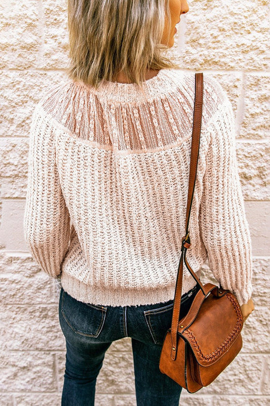 Beige Round Neck Lace Splicing Knitted Sweater