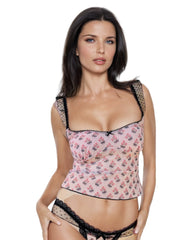 Feminine Romance Rose Print Lace & Mesh Coquette Cami Top with Super