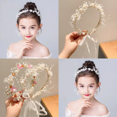 Children's Wreath Princess Hair Accessories Fairy Girl Flower Pearl Streamer Headgear Sweet Girl Snowflake Net Red Headband