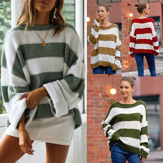 Autumn and winter new women's sweater rolled edge round neck striped c