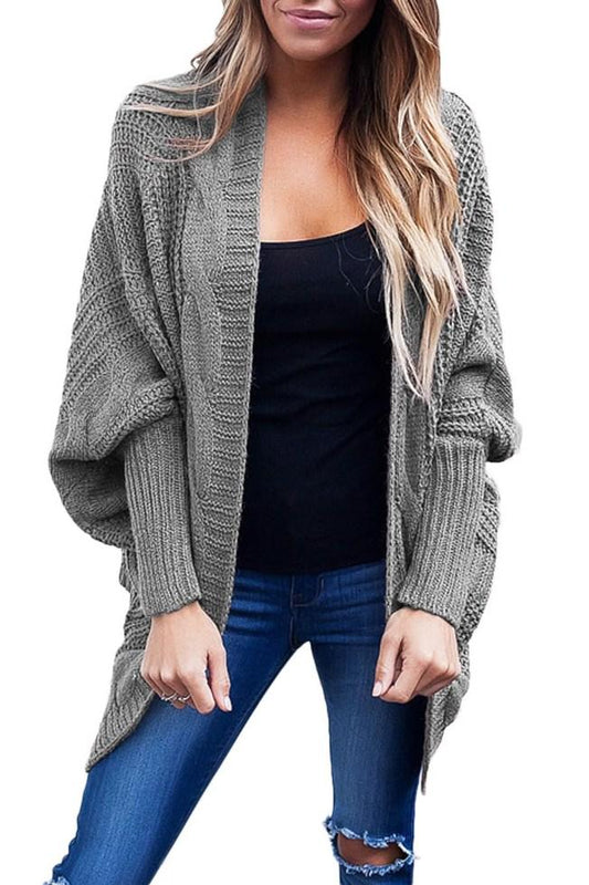 Casual Grey Ribbed Cuffs Dolman Sleeved Cardigan