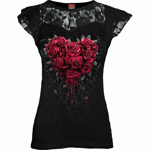 BLEEDING HEART - Top de encaje con mangas cortas en capas negro