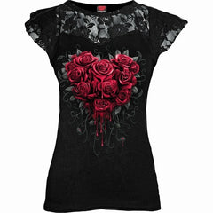 BLEEDING HEART - Top de encaje con mangas cortas en capas negro