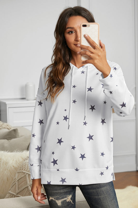 Women's Side Slits White Star Print Hoodie