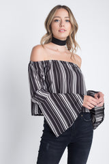 Blusa informal de rayas con mangas acampanadas y hombros descubiertos para mujer