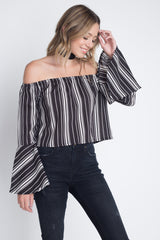 Blusa informal de rayas con mangas acampanadas y hombros descubiertos para mujer