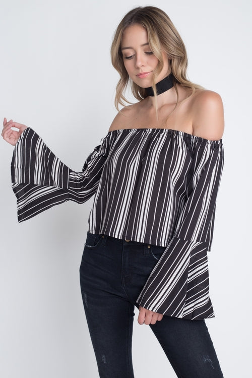 Blusa informal de rayas con mangas acampanadas y hombros descubiertos para mujer