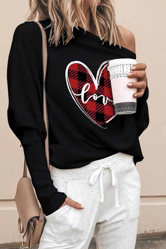 Valentine Love Heart Plaid Printed Splicing Bat Sleeve Top