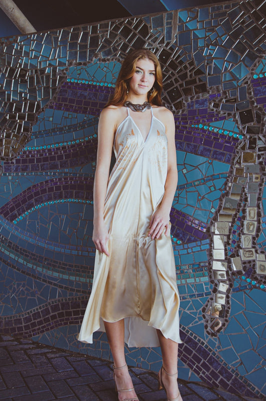 Altair Silk Halter Dress in Dueling Jaguars - Wear and Wander