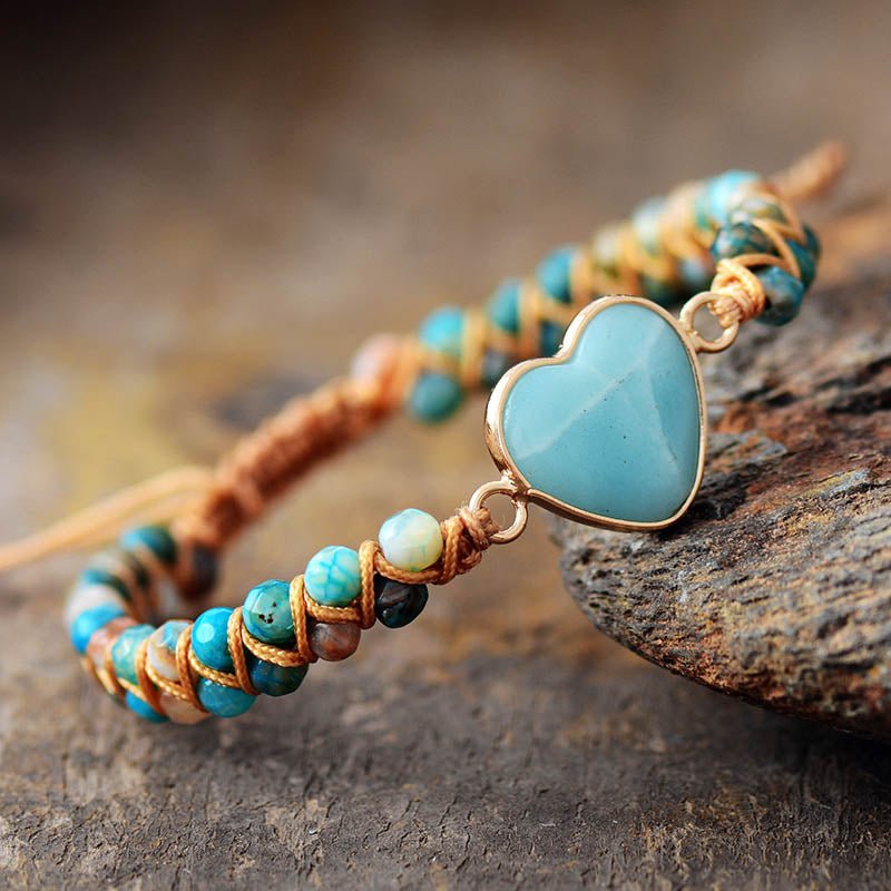 Amazonite Heart Charm Macrame Bracelet - Wear and Wander